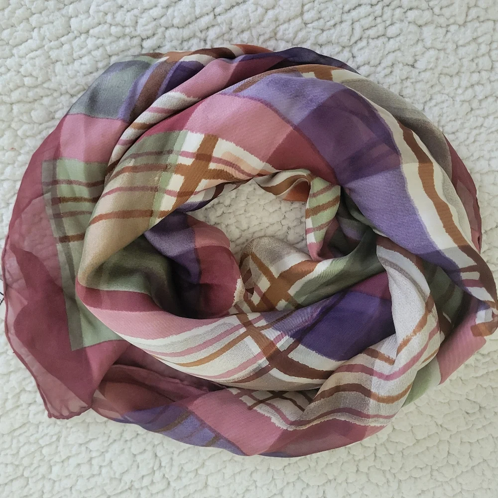Silk Multicolor Plaid Scarf size 32X32 - Picture 3 of 7